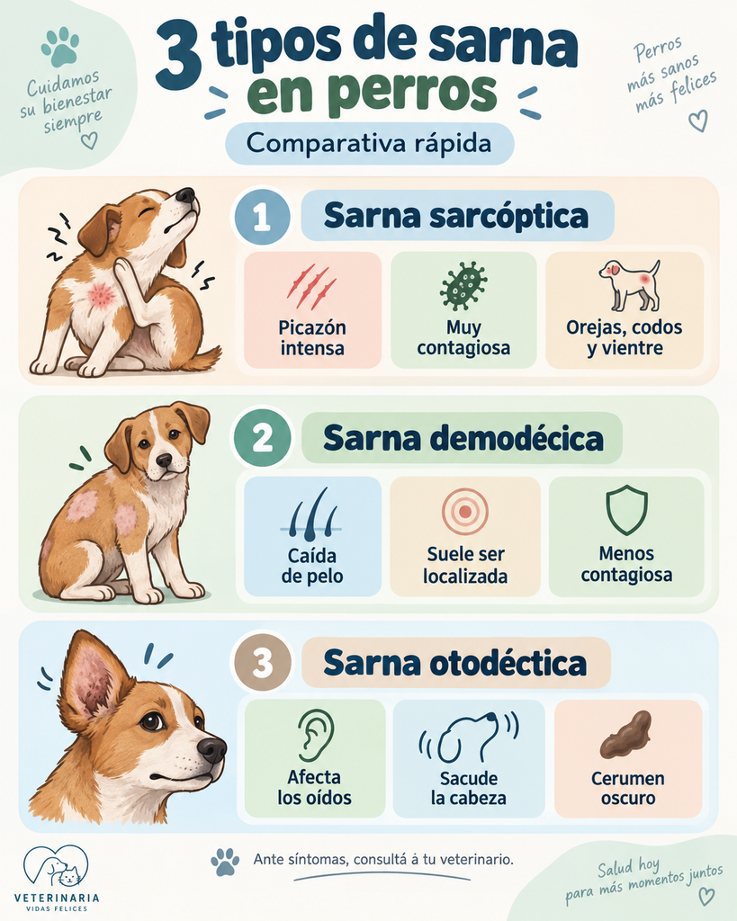 Comparativa de los tres tipos de sarna en perros: sarcóptica, demodéctica y otodéctica