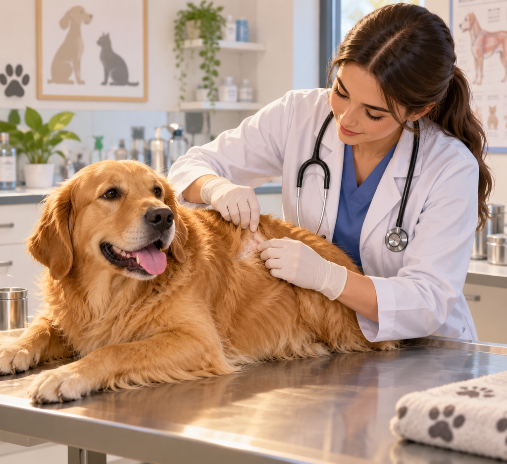 Veterinario revisando la piel de un perro con sarna en Jerez